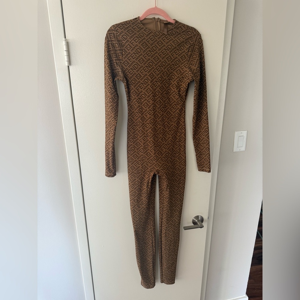 Fendi x Skims Jumpsuit Brown/Tan Printed Long Sleeves w/ Crew Neck - Size: Small
